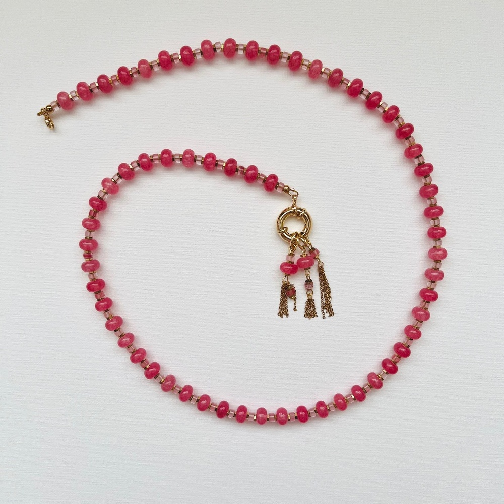 Watermelon pink beads round gold carabiner charm necklace with 3 charms